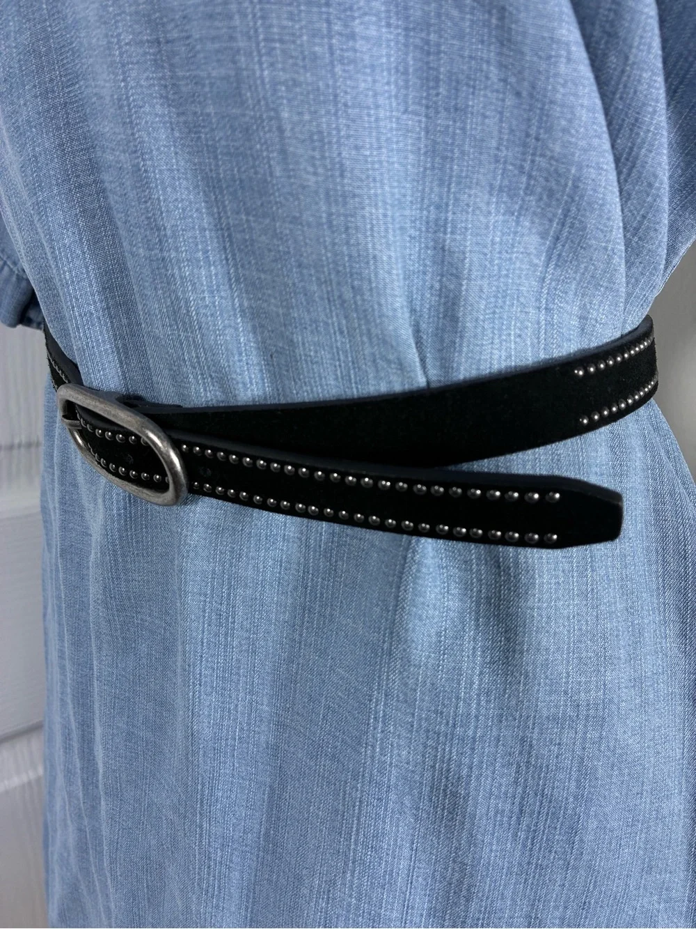 Womens belt 38” long Black Studded Suede Belt with Antique Silver Oval Buckle